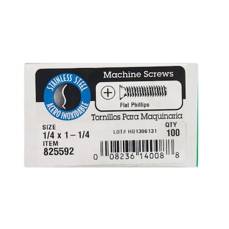 Hillman 1/4"-20 x 1-1/4 in Phillips Flat Machine Screw, Plain Stainless Steel, 100 PK 5324710